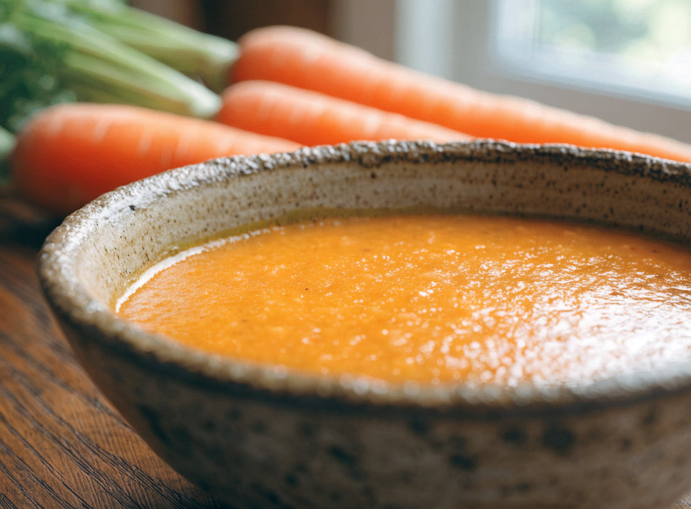 Karrottsuppe in einer braunen Schüssel mit frischen Karrotten im Hintergrund